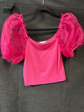 Altar'd State Pink Ribbed Top with Puff Organza Sleeves